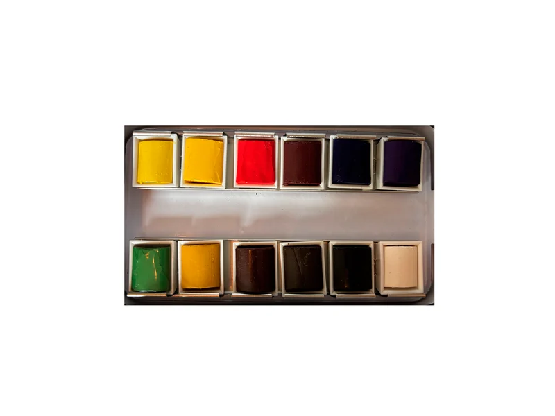 Watercolour set featuring Claude Monet’s Water Lilies, showing twelve colours